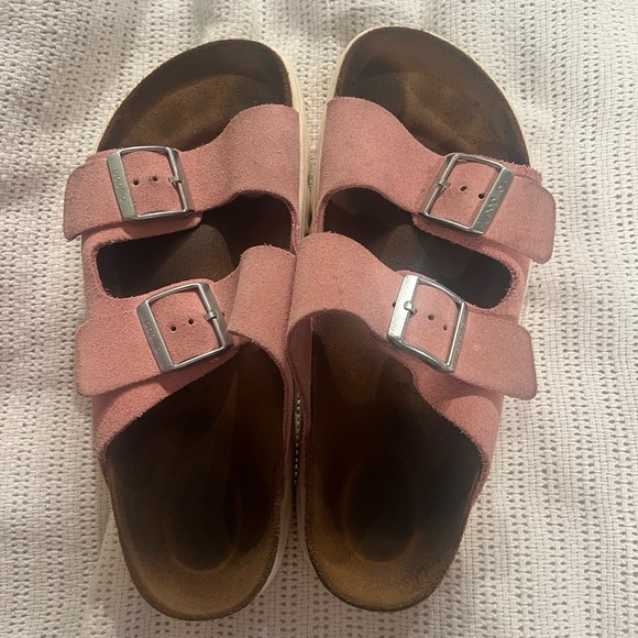 Birkenstock Shoes - Pink Suede Birkenstocks Double-Buckle Slide Sandals